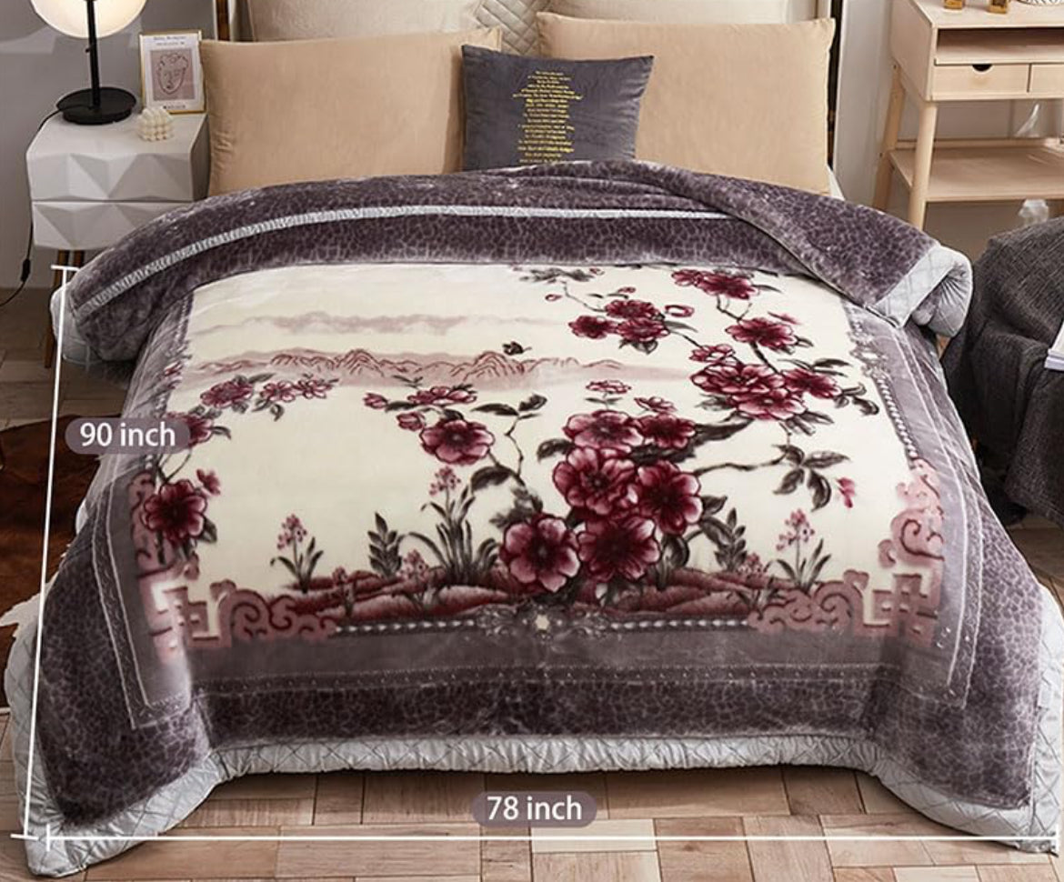 American Style Winter Flower Plant Eco-friendly Double Layers 79x91 inches Floral Printed bed blanket, suitable for Queen Size, 9 lbs